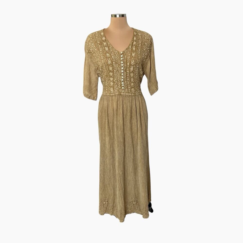 Vintage Magic India Maxi Dress Free Size OS Embroidered Rayon Boho Crinkle Gauze